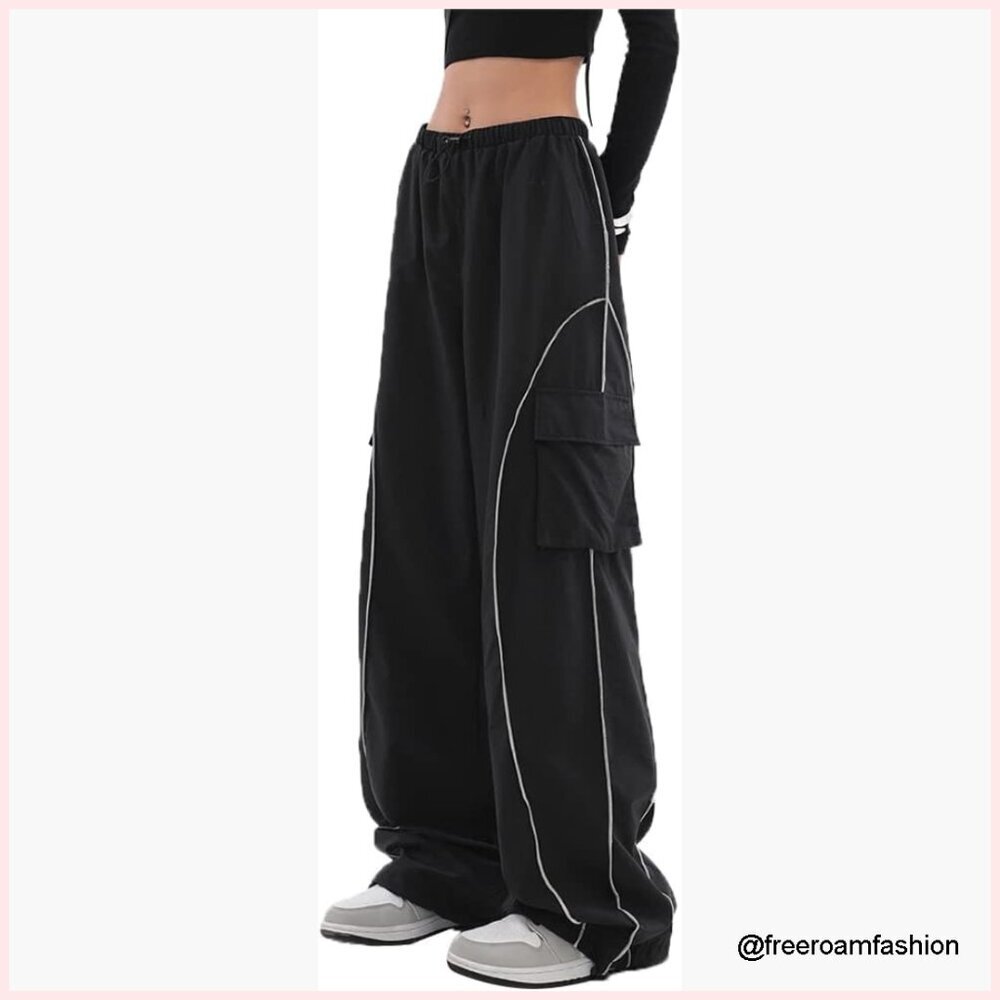 Y2K Parachute Track Pants Low Rise Baggy Wide Leg Cargo Pants - Picture 1 of 7